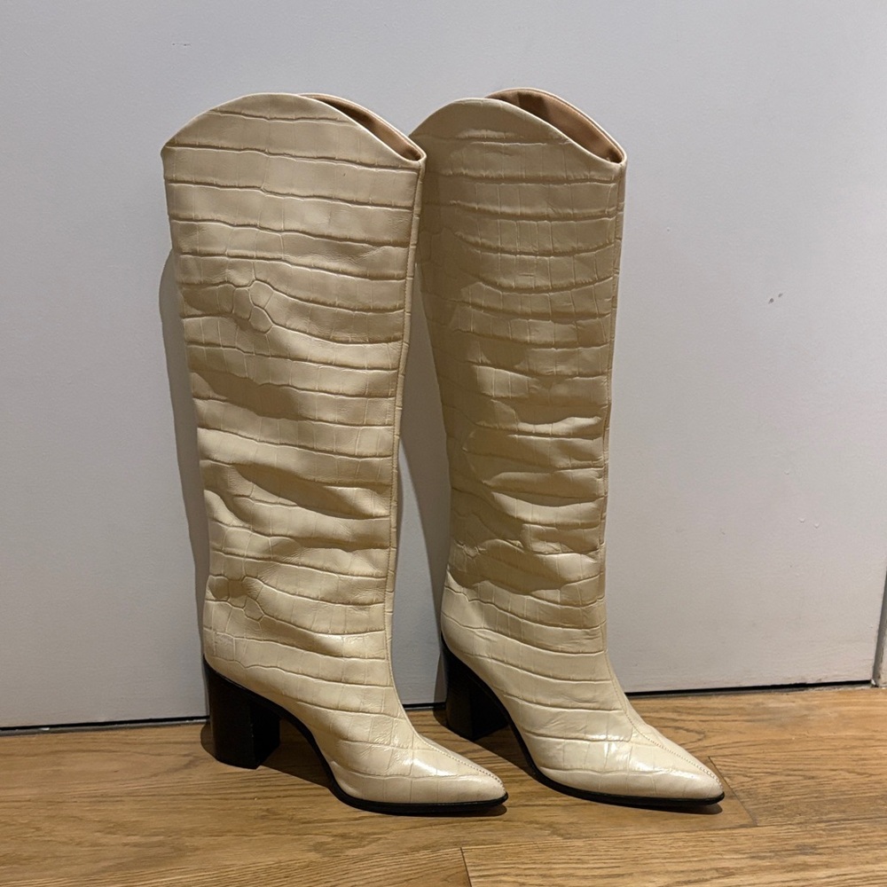 Schutz Maryana Eggshell Croc Knee-High Boots - Picture 3 of 10
